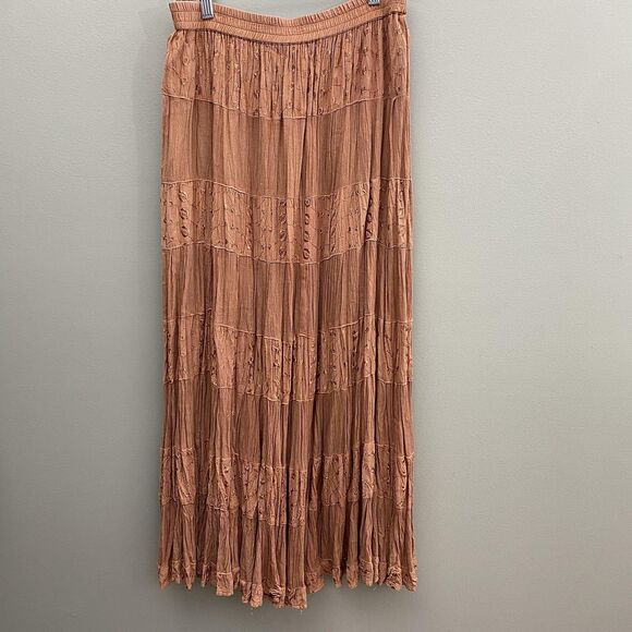 Sacred Threads Boho Maxi Skirt Embroidered One Size Brown Tiered Crinkle - Picture 1 of 8
